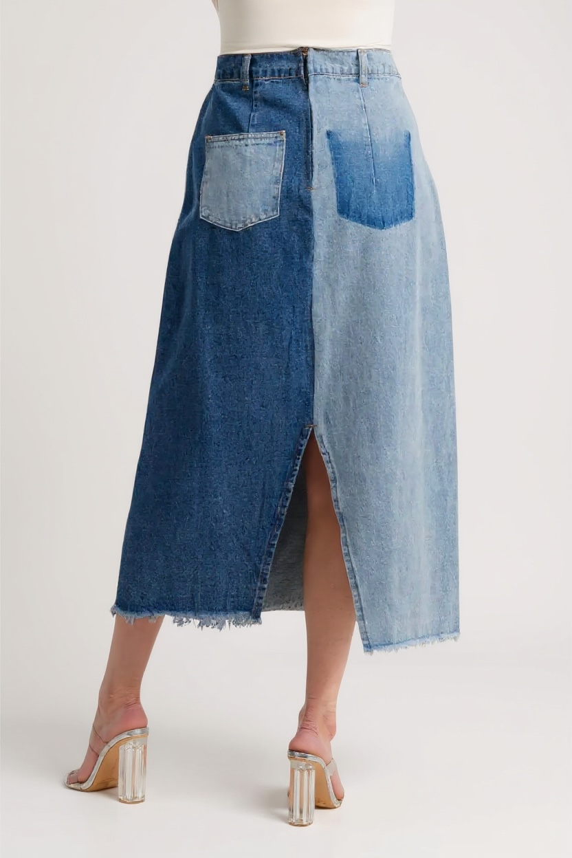 Denim midi skirt in patchwork blues with button detail