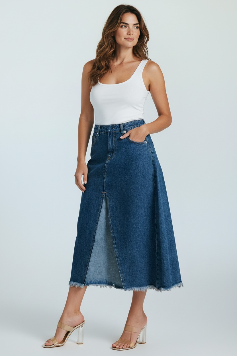 PATCHWORK BLUES BUTTON 2-TONE DENIM MIDI SKIRT