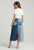 Button-front patchwork denim midi skirt