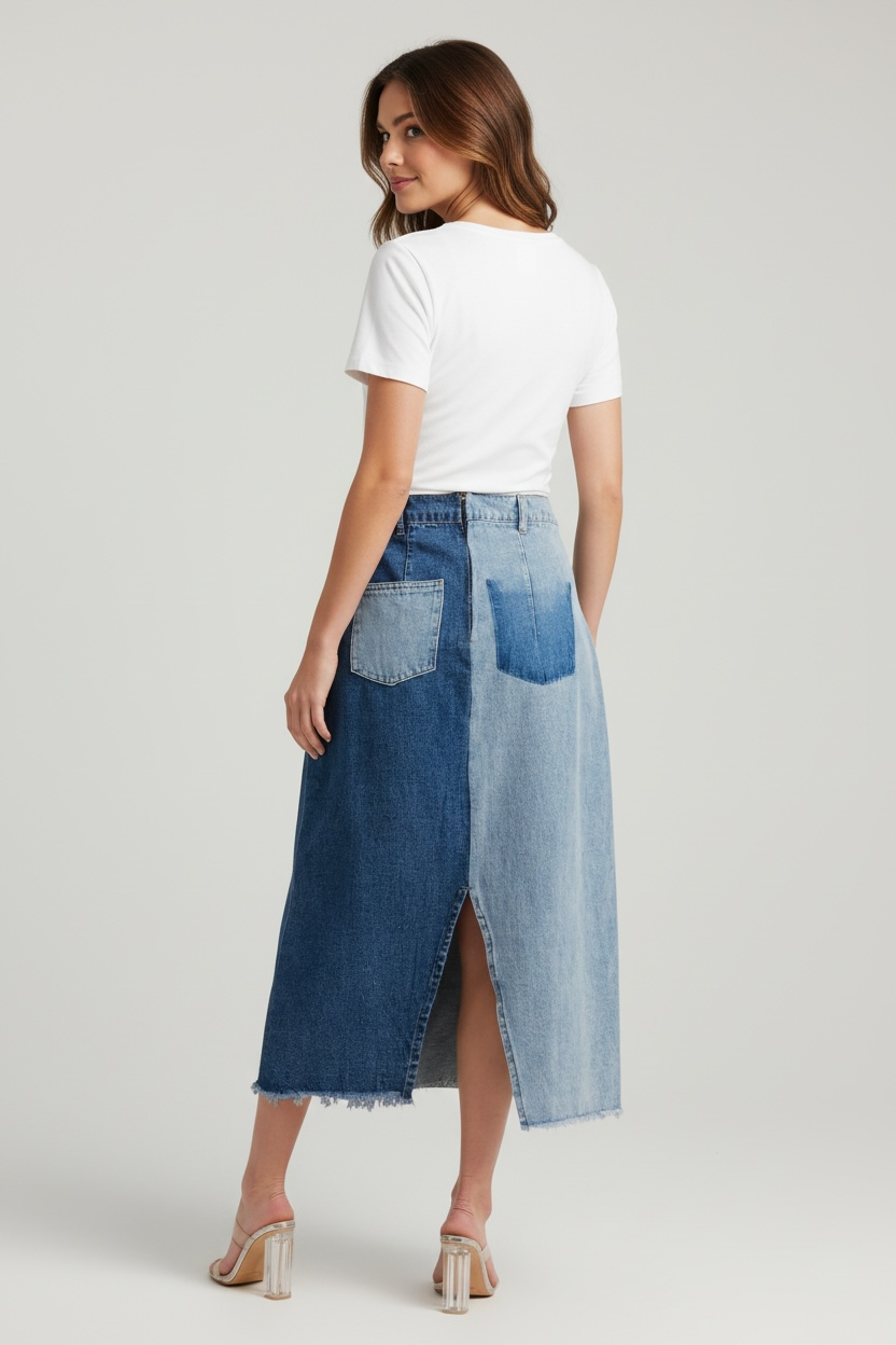 Button-front patchwork denim midi skirt