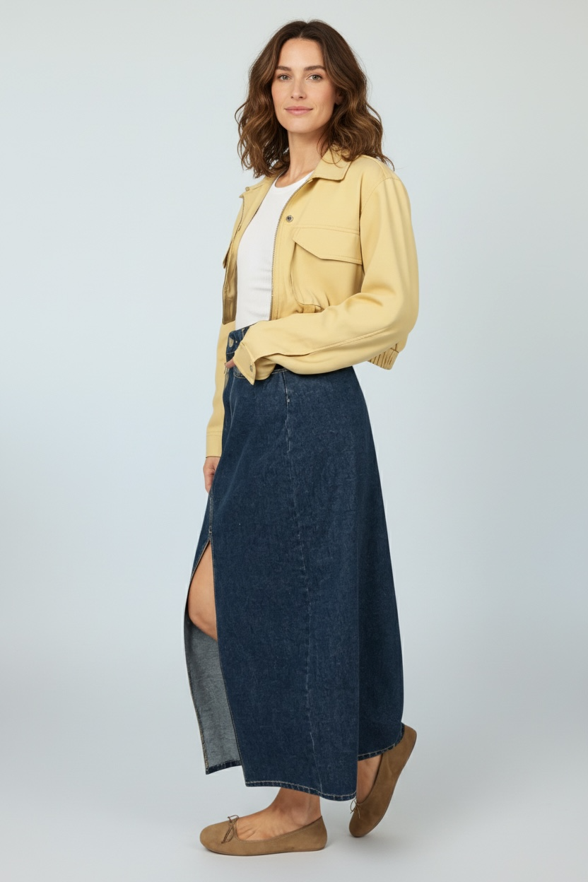 STREETLINE SLIT INDIGO BLUE MIDI DENIM SKIRT