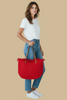 Scarlet fringe canvas tote bag showing fringe detail