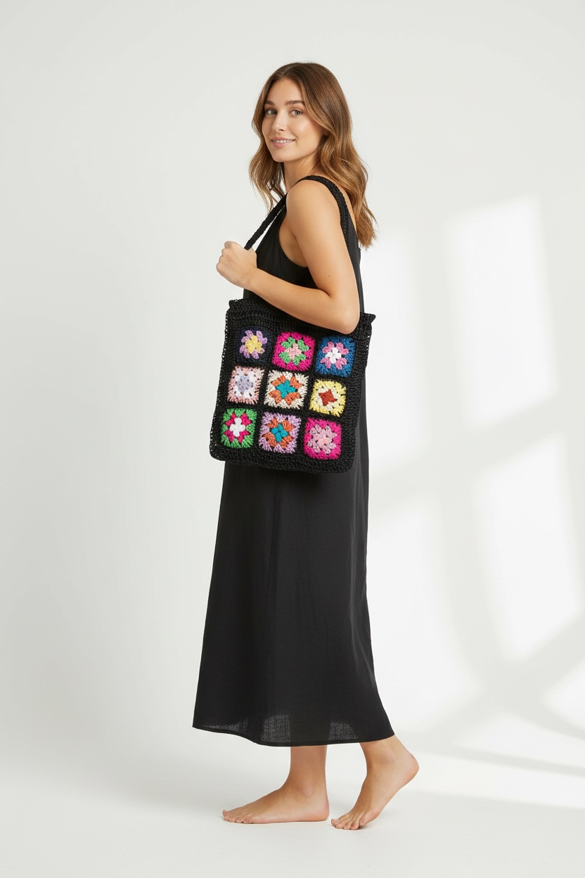 BOHO BLOOM BLACK FLORAL PATCH BRAIDED STRAW TOTE BAG