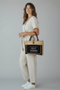 Eco-friendly burlap tote with Hello Weekend print