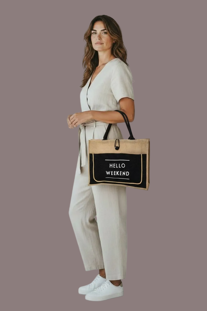Hello Weekend Burlap Tote Bag