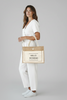 Durable burlap tote with Hello Weekend slogan