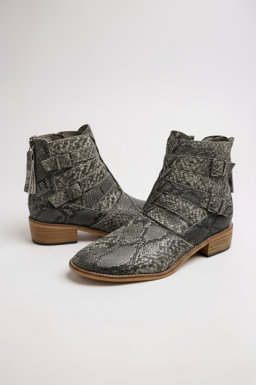Frontier Fang Snake Print Cutout Ankle Boots