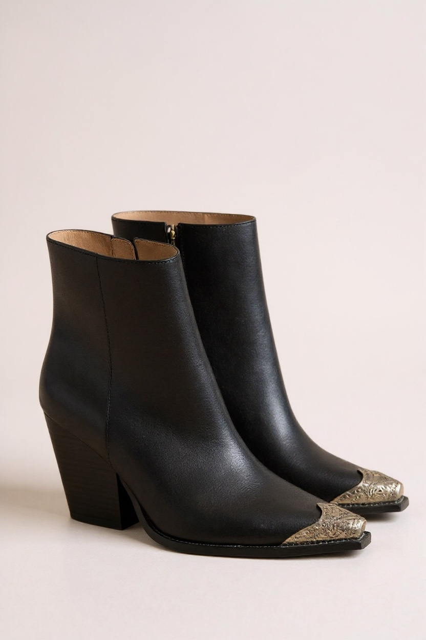 Western Etched Silver Tip Noir Block Heel Boot