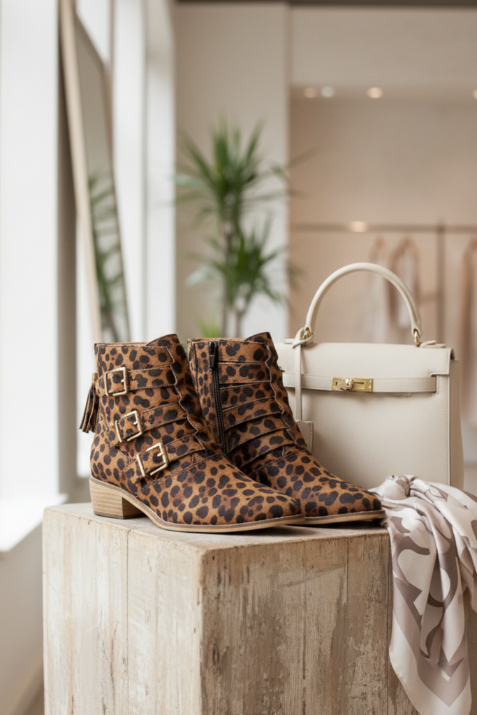 Tan and black leopard print ankle boots