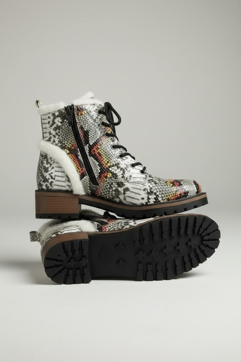 Wild Edge Shearling Snakeskin Combat Lace Boot