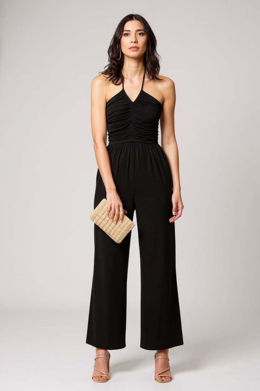 MIDNIGHT MUSE BLACK SMOCKED HALTER WIDE LEG JUMPSUIT