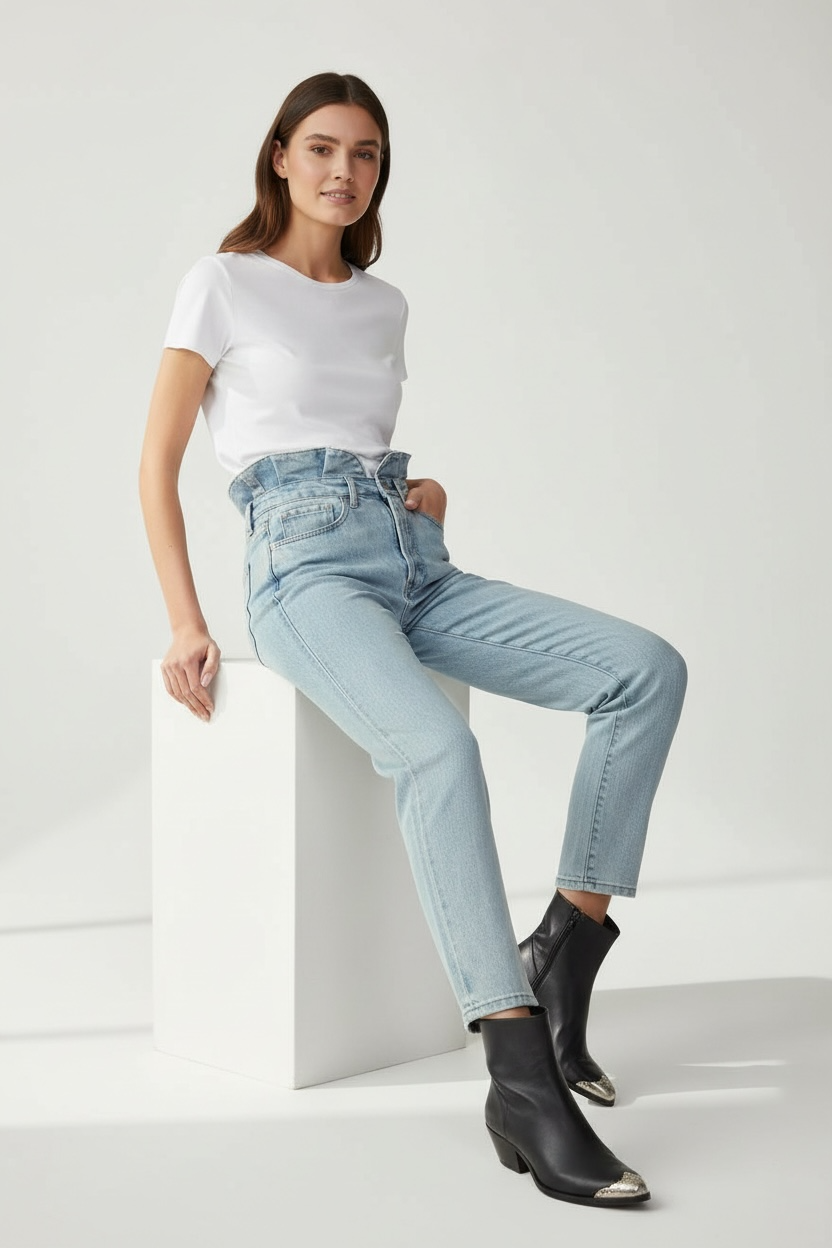 LT. BLUE RUFFLE PAPER BAG HIGH WAIST DENIM CROP JEANS