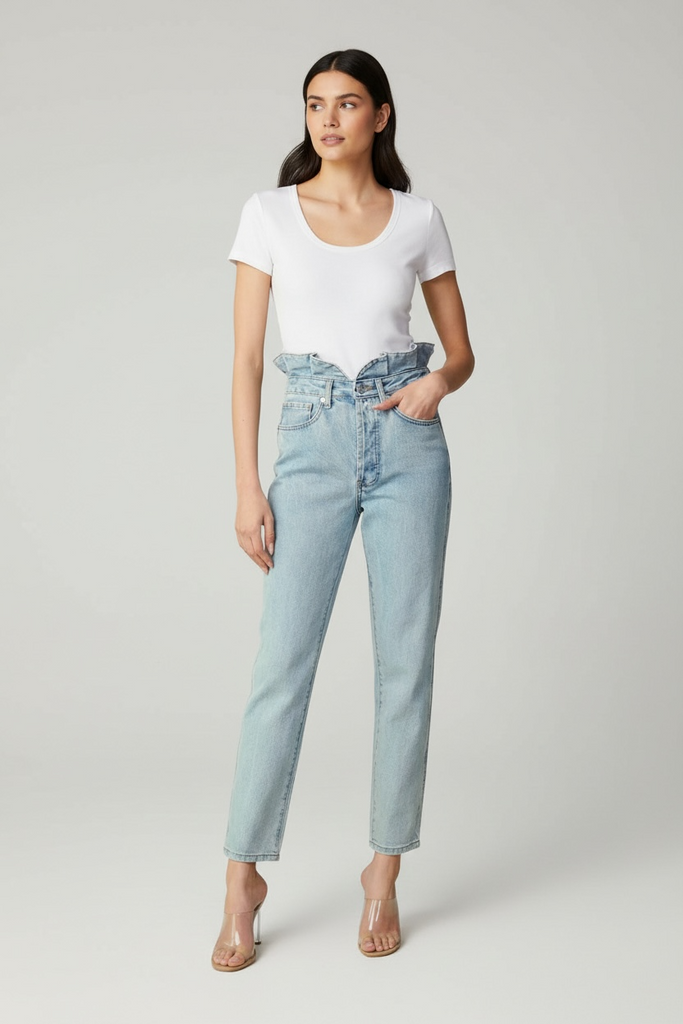 Light blue high-waist paperbag denim crop jeans