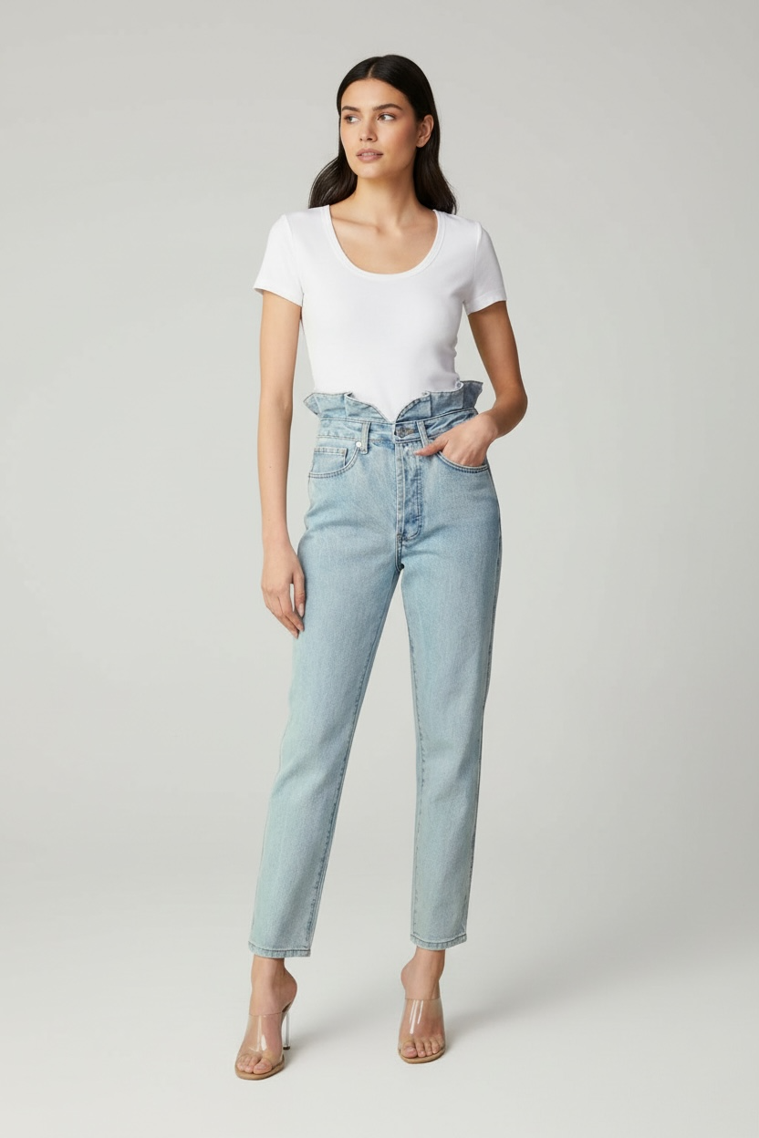 LT. BLUE RUFFLE PAPER BAG HIGH WAIST DENIM CROP JEANS