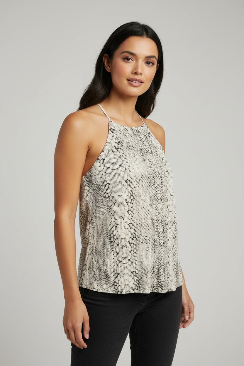 PYTHON CHIC PLISSE BLACK & CREAM SNAKE PRINT HALTER TOP