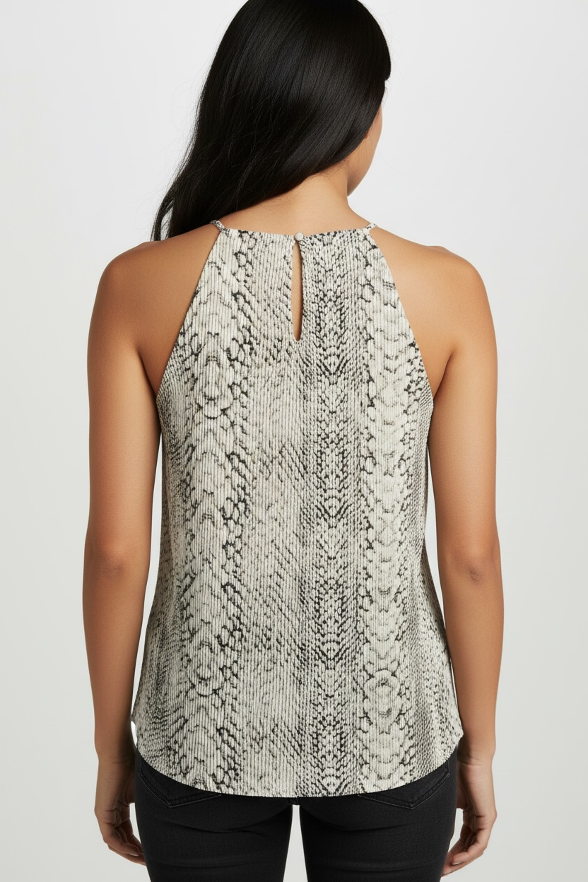 PYTHON CHIC PLISSE BLACK & CREAM SNAKE PRINT HALTER TOP