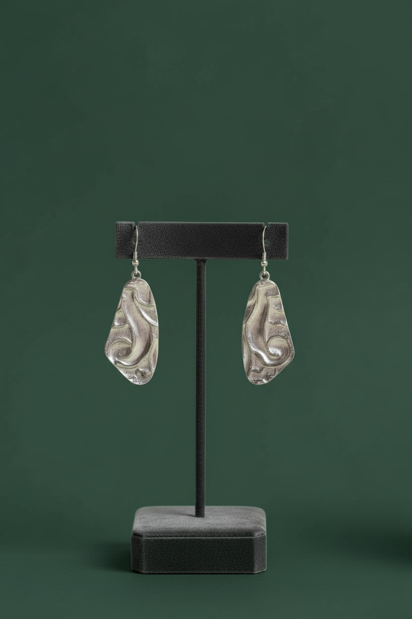 Handmade Kashi Earring, antiqued silver, embossed