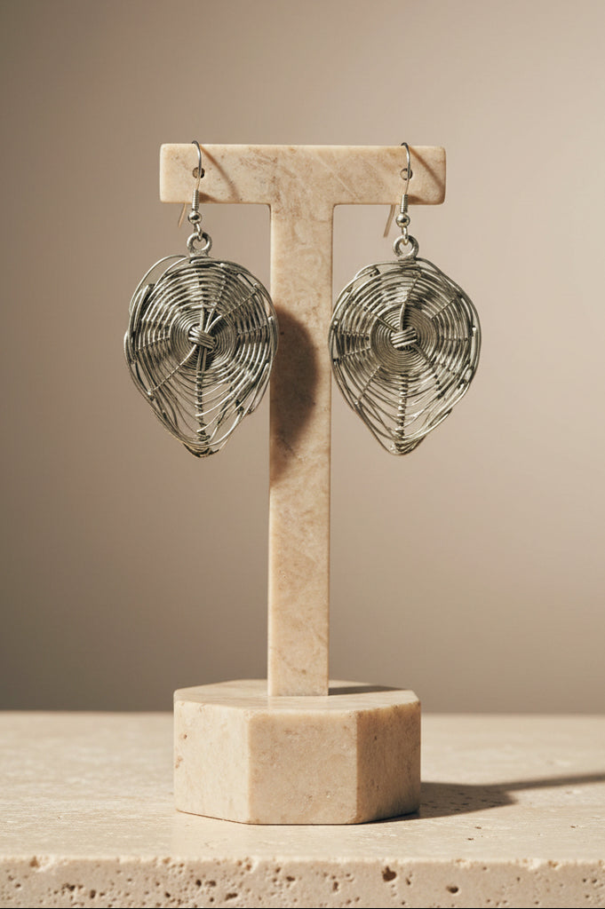 Handmade silvertone tear drop basketweave earrings