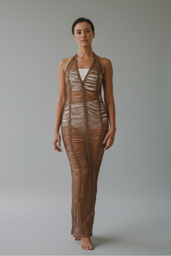 After Dark shredded knit maxi with open back