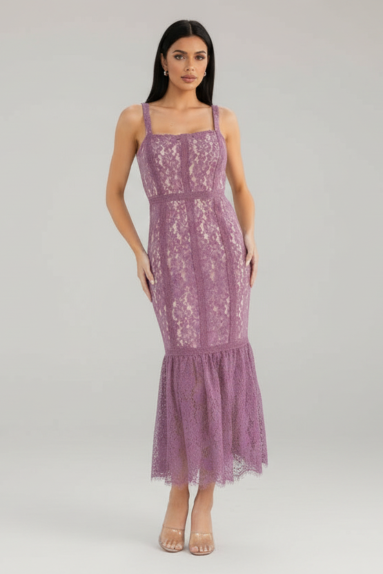 Blushing Mauve Lace Mermaid Midi Dress
