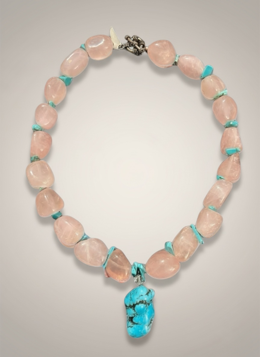 Rose Quartz & Arizona Turquoise Statement Necklace- Sterling Silver