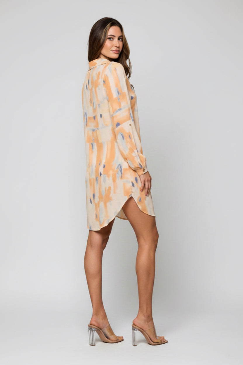 Multi-color long sleeve surplice mini dress