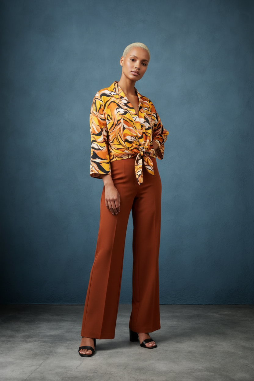 RETRO WAVE TIE ABSTRACT WIDE SLEEVE TOP