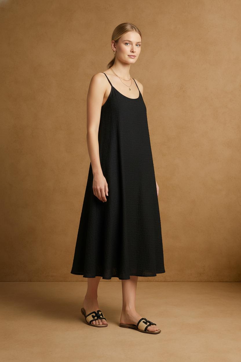 BOARDWALK BLACK AND RAFFIA LEATHER LINE DESIGN SLIP-ON SANDALS