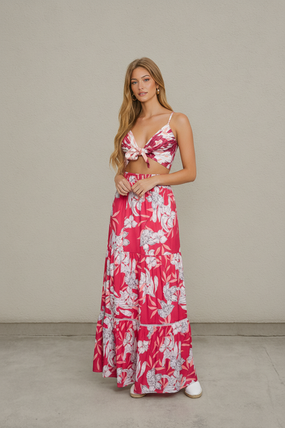 FLAMINGO BLOOM FLORAL CROP TOP MAXI SKIRT SET