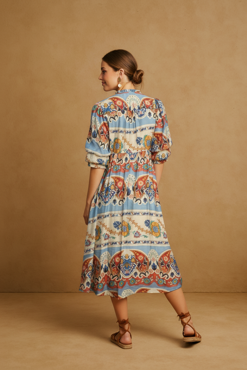 Blue Border Print Midi Dress