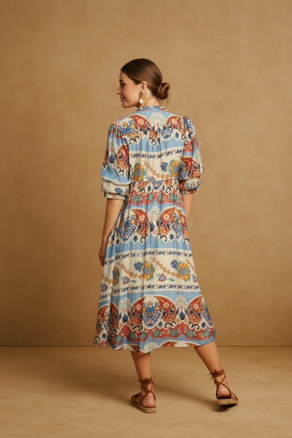 Blue Border Print Midi Dress