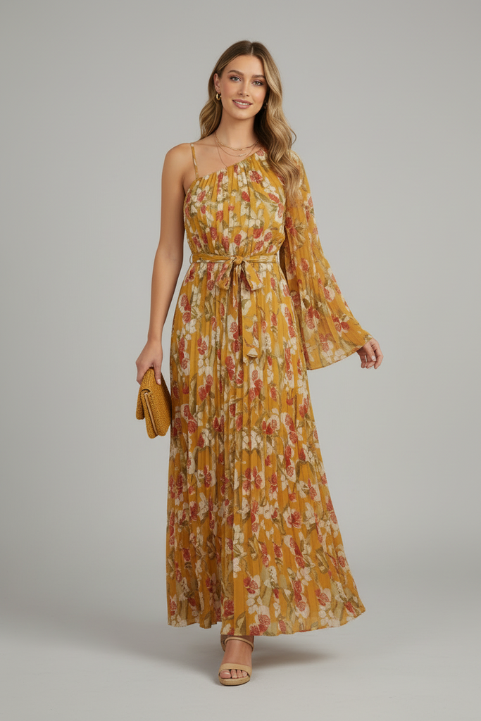 Mustard floral one-shoulder pleated maxi dress