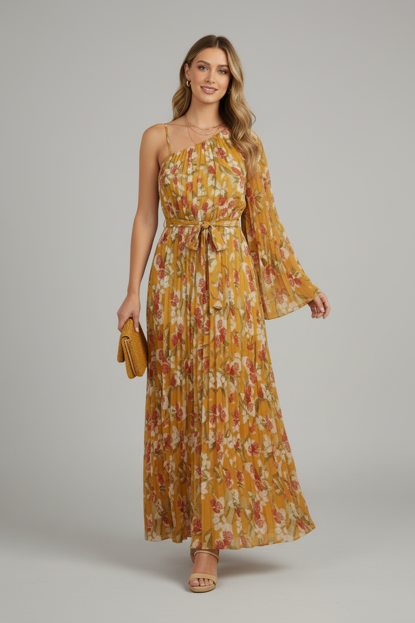 PLEATED WOVEN MUSTARD FLORAL ONE SHOULDER  TIE WAIST MAXI DRESS