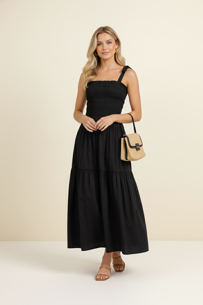 Smocked Maxi Dress with Shoulder Tie