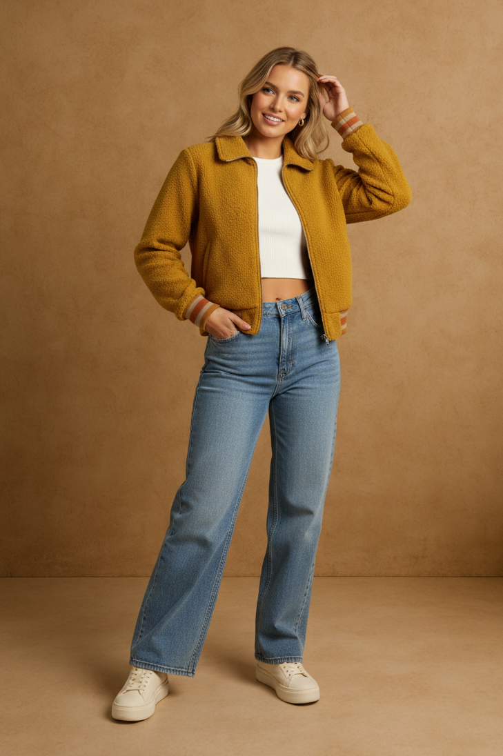 Retro Honey Sherpa Bomber Jacket