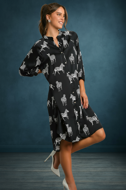 Satin Zebra Print Button Down High Low Hen Midi Dress