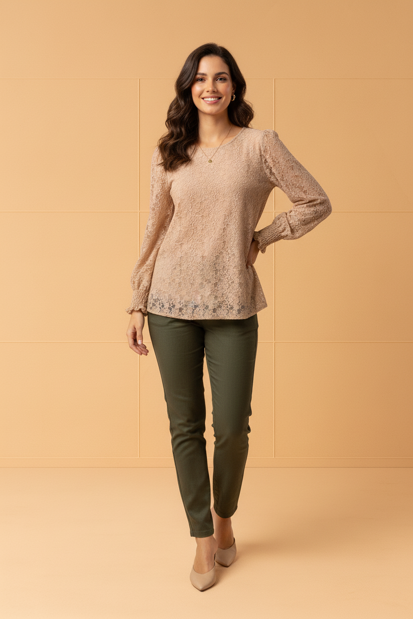 Chi Charm All Over Lace Smocked Cuff Blouse