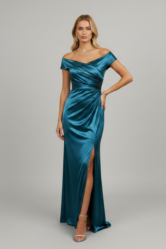 TEAL TEMPTATION OFF SHOULDER GOWN