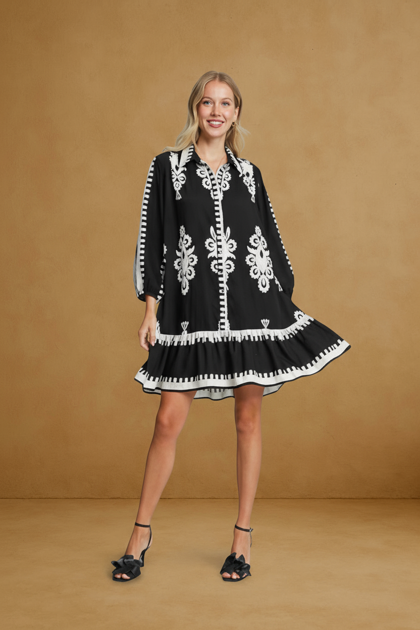 NOIR FLEUR SWING TUNIC BORDER PAISLEY TIERED HEM DRESS