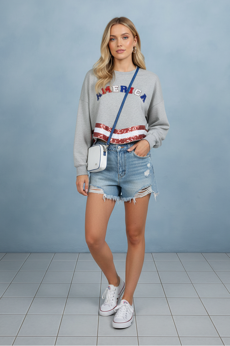 THE AMERICANA CREW LONG SLEEVE SEQUIN CROP PULLOVER SWEATER