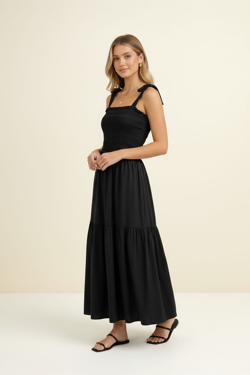 Smocked Maxi Dress with Shoulder Tie