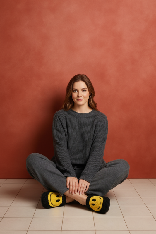 Smiley Face Terry Cloth Fuzzy Sherpa Fleece Slippers