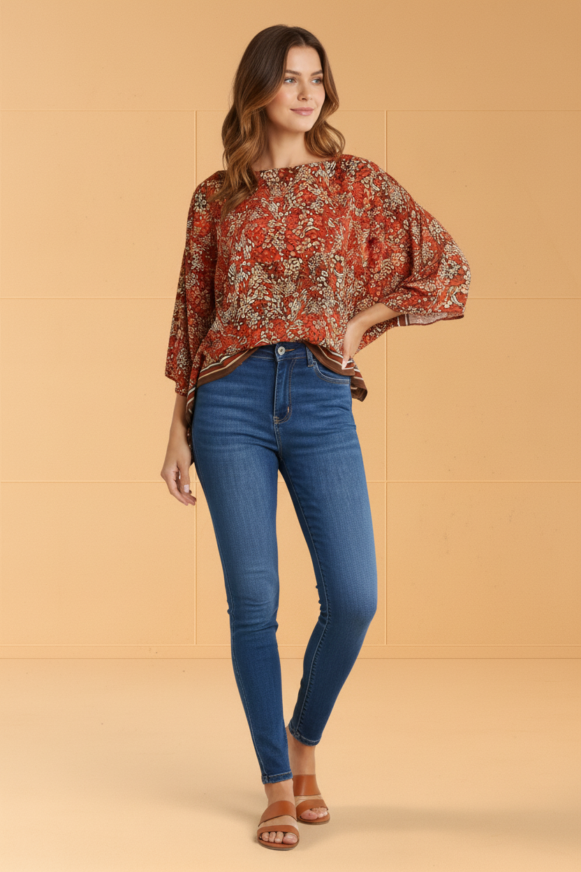 WILD BOTANICA PRINT KIMOMO BOAT NECK TOP