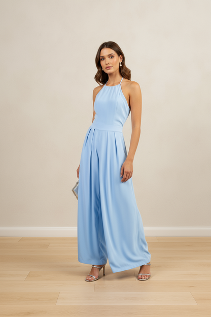 TWILIGHT STROLL BLUE HALTER NECK WIDE LEG JUMPSUIT