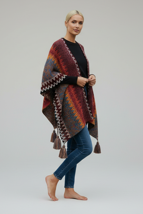 Colorful Sunset Draped Tassel Crochet  Ruana