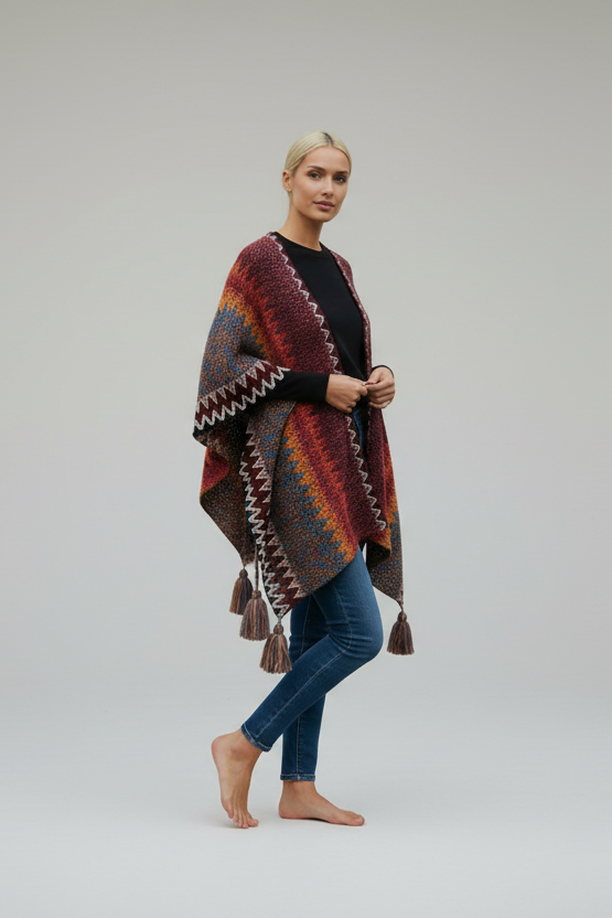 Colorful Sunset Draped Tassel Crochet  Ruana