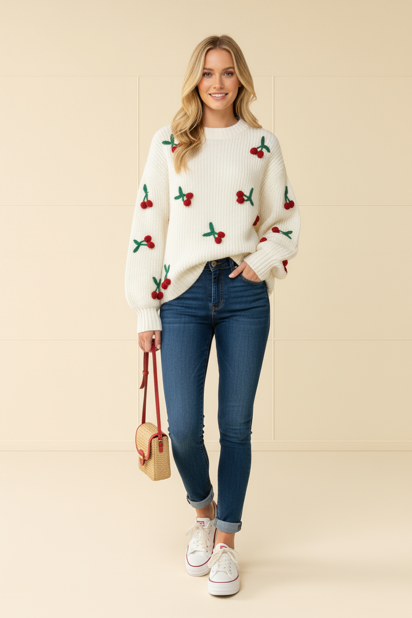 Cherry Bombshell 3D Knit Oversized Pullover Sweater