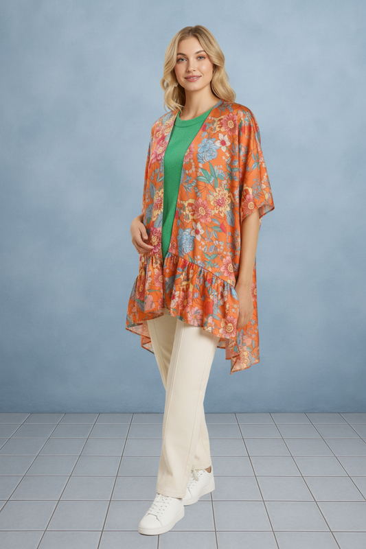 TANGERINE TROPIC BLOOM RUFFLE SLEEVE KIMONO