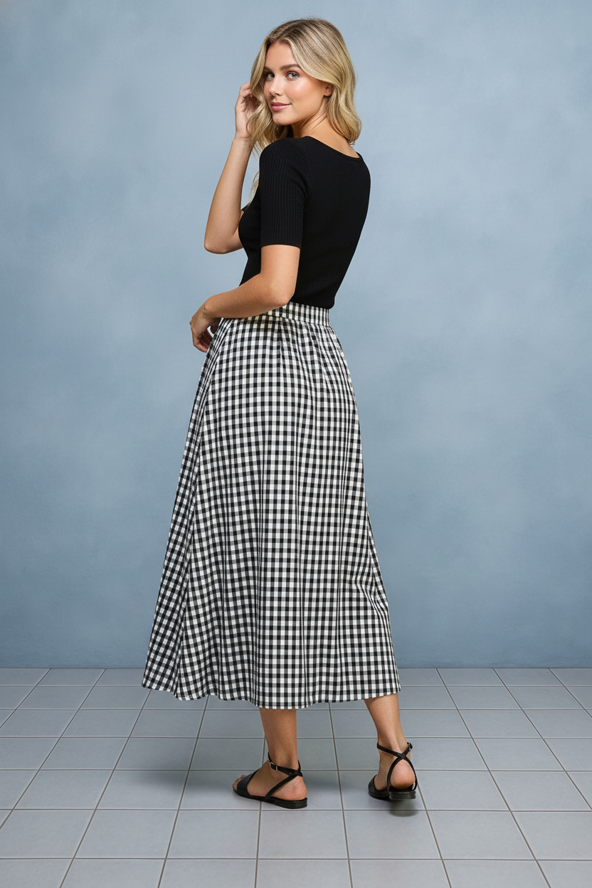 THE AUDREY GINGHAM CHECKED MIDI BLACK & WHITE SKIRT