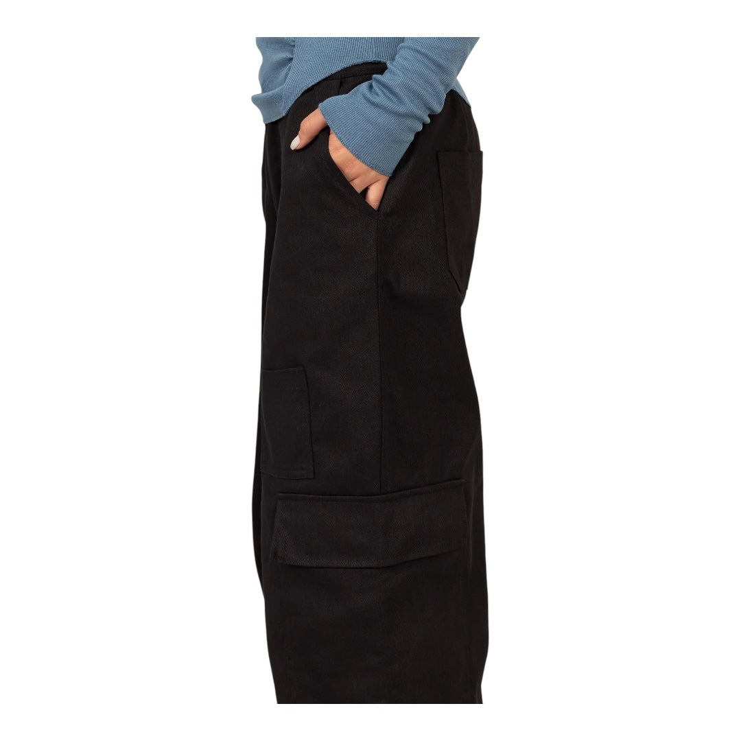 Black Elastic Waist Wide - Leg Cargo Pants